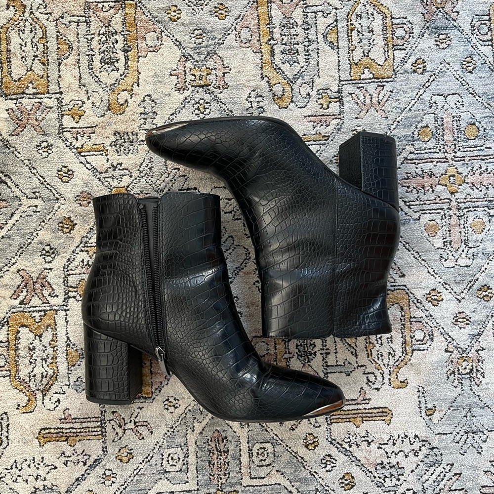 Franco Sarto Black Croc-Patterned Ankle Booties